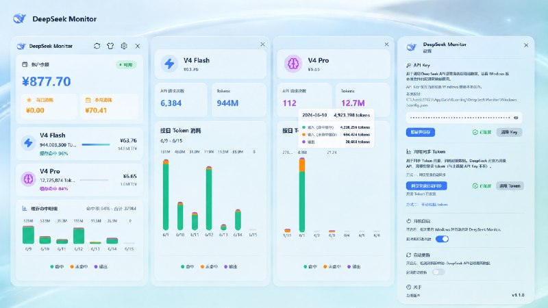 ⭐️ #软件 #工具🐋 DeepSeek Monitor Windows - DeepSeek API 用量桌面监控应用▎软件平台