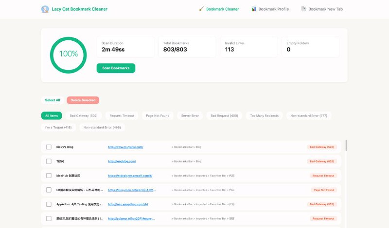 #插件 #工具 #开源🐱 懒猫书签清理 - 浏览器书签清理和整理助手▎插件平台