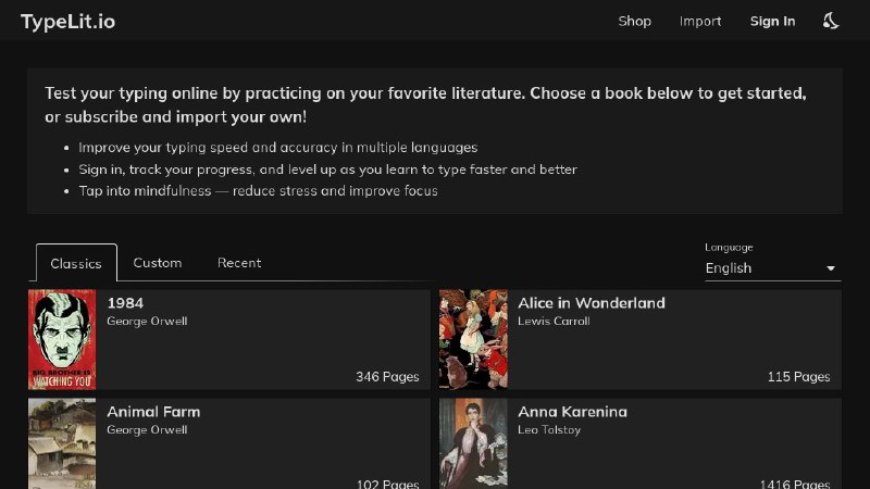 ⭐️ #网站 #工具⌨️ TypeLit.io - 结合打字练习与经典文学阅读的在线平台▎网站介绍